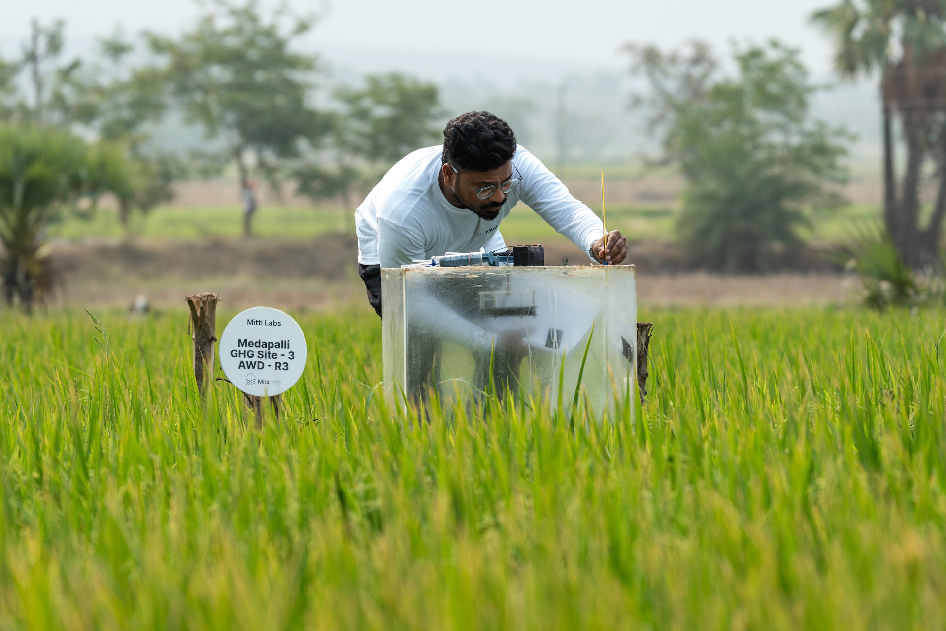 Mitti Labs measuring chamber set up in a rice field